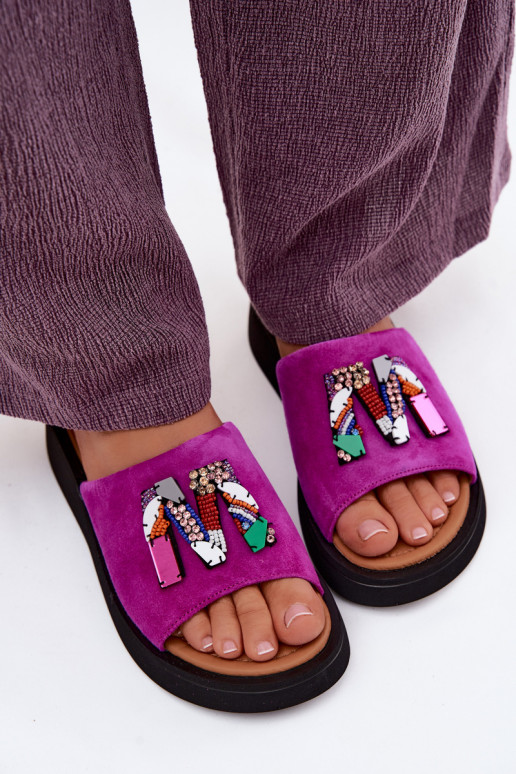 Piel Zapatillas de ante para mujer. con adornos con una plataforma Vinceza 66942 color rosa