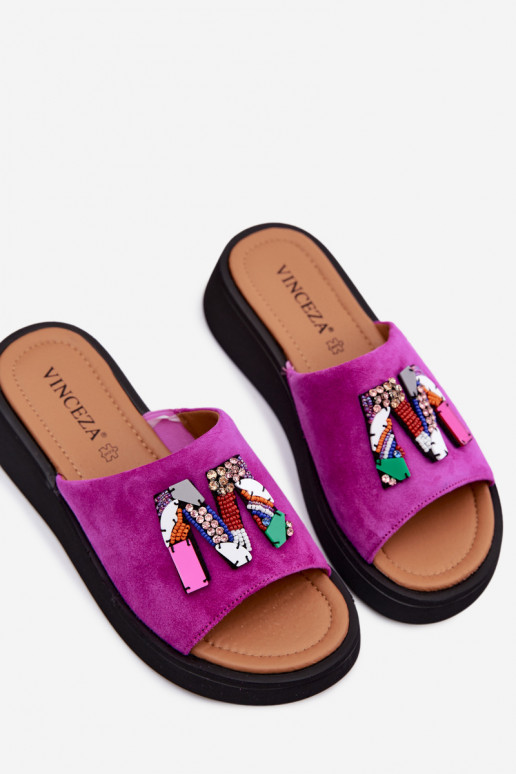 Piel Zapatillas de ante para mujer. con adornos con una plataforma Vinceza 66942 color rosa