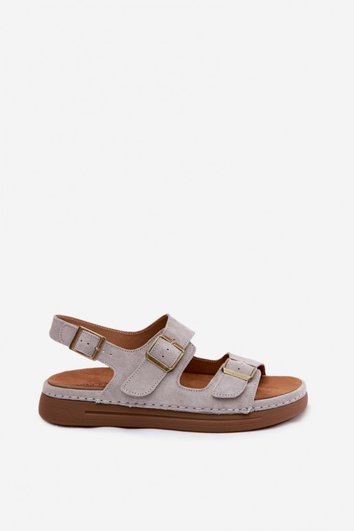 Sandalias de mujer de ante sintético gris con hebillas Vinceza 79620