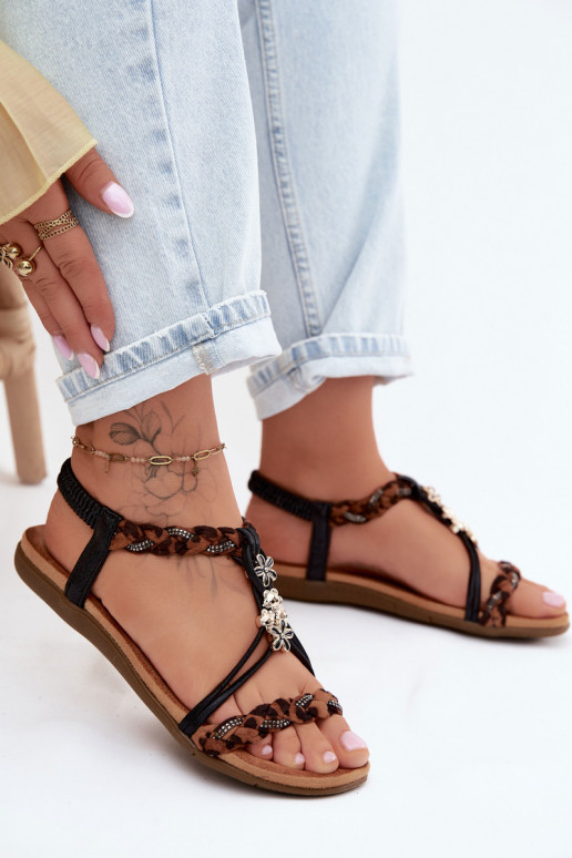 Sandalias de mujerPrzypinkami I Plecionymi Paskami de color negro con estampados de piel de leopardo Nusoreth