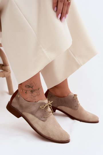 Zapatos de cuero elegantes para mujer en color arena y marrón con cordones Zazoo 4238