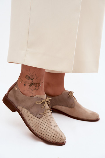 Zapatos de cuero elegantes para mujer en color arena y marrón con cordones Zazoo 4238 2