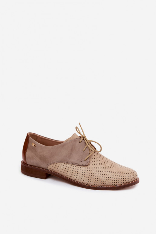 Zapatos de cuero elegantes para mujer en color arena y marrón con cordones Zazoo 4238