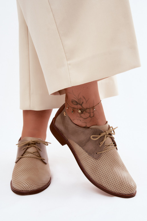Zapatos de cuero elegantes para mujer en color arena y marrón con cordones Zazoo 4238