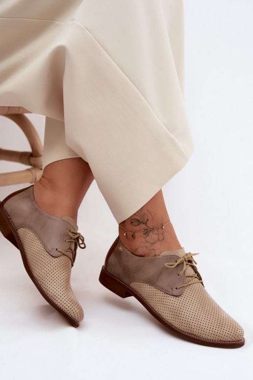 Zapatos de cuero elegantes para mujer en color arena y marrón con cordones Zazoo 4238