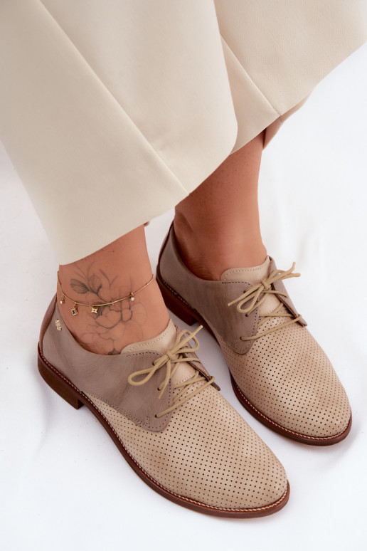 Zapatos de cuero elegantes para mujer en color arena y marrón con cordones Zazoo 4238