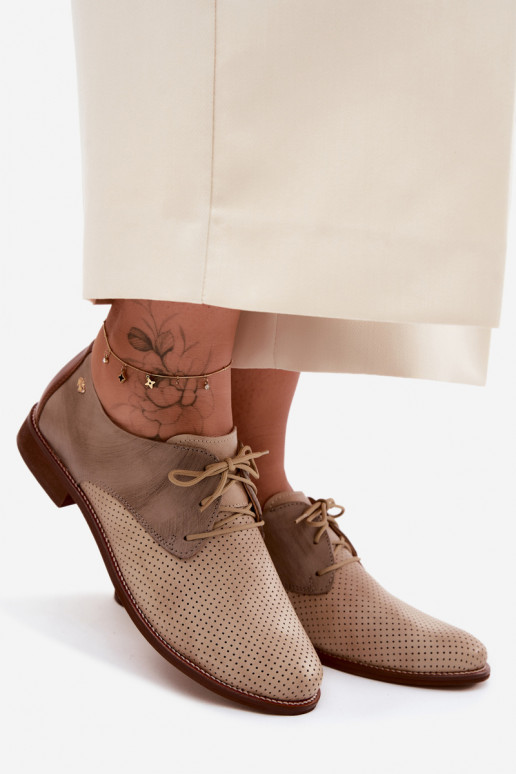Zapatos de cuero elegantes para mujer en color arena y marrón con cordones Zazoo 4238