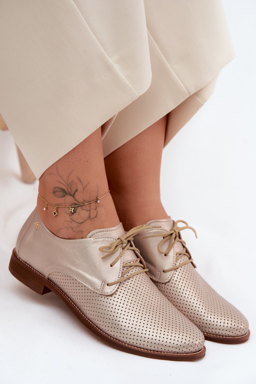 Zapatos de cuero elegantes para mujer en color dorado con cordones Zazoo 4238
