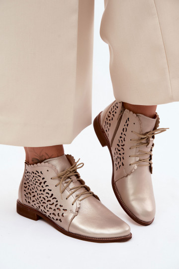 Botines de cuero dorados perforados elegantes con tacones anchos Zazoo 4078