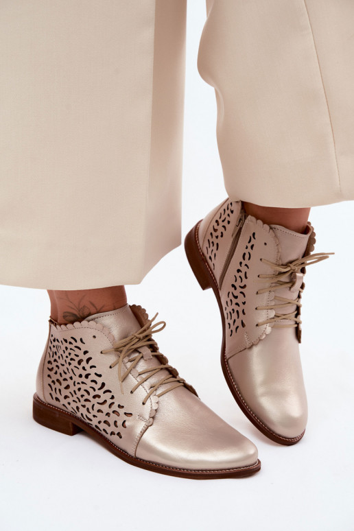 Botines de cuero dorados perforados elegantes con tacones anchos Zazoo 4078