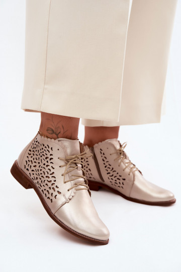 Botines de cuero dorados perforados elegantes con tacones anchos Zazoo 4078 2