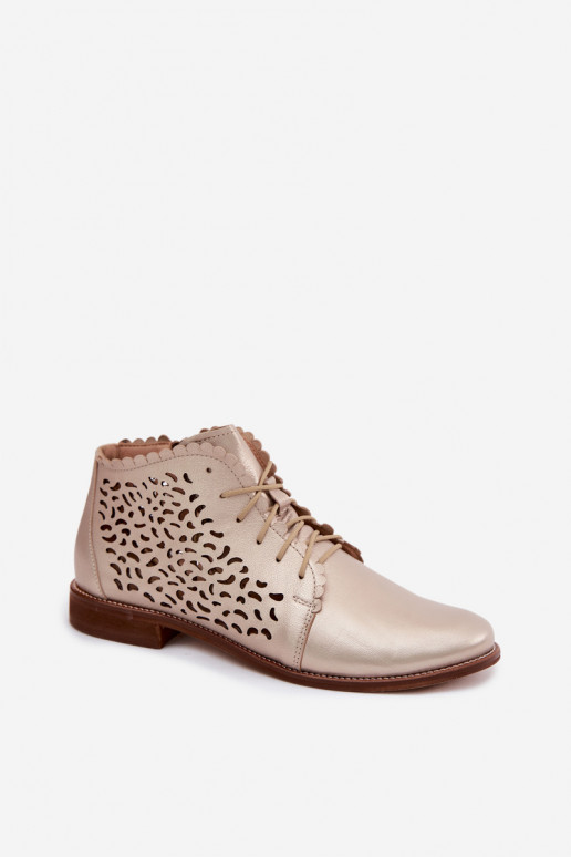 Botines de cuero dorados perforados elegantes con tacones anchos Zazoo 4078