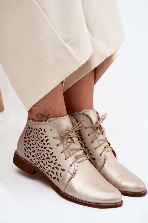 Botines de cuero dorados perforados elegantes con tacones anchos Zazoo 4078