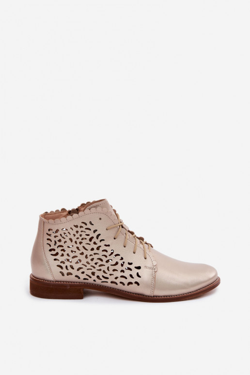 Botines de cuero dorados perforados elegantes con tacones anchos Zazoo 4078