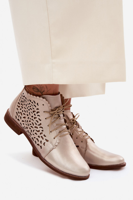 Botines de cuero dorados perforados elegantes con tacones anchos Zazoo 4078