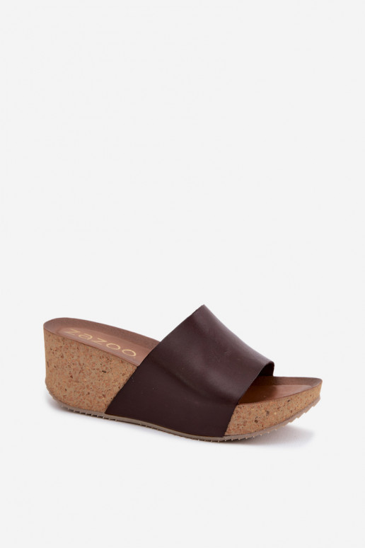Zapatillas de cuero color chocolate Zazoo 40291 con suela de corcho