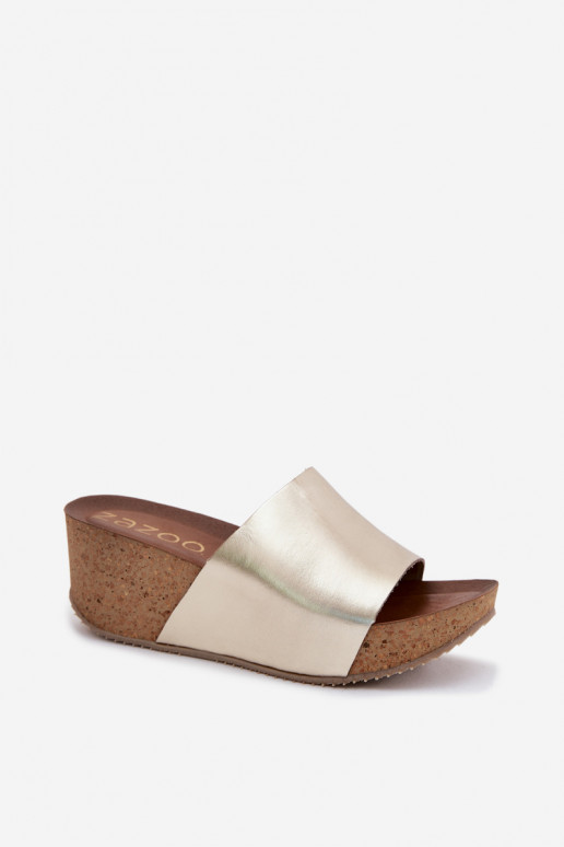 Zapatillas de cuero doradas Zazoo 40291 con suela de corcho
