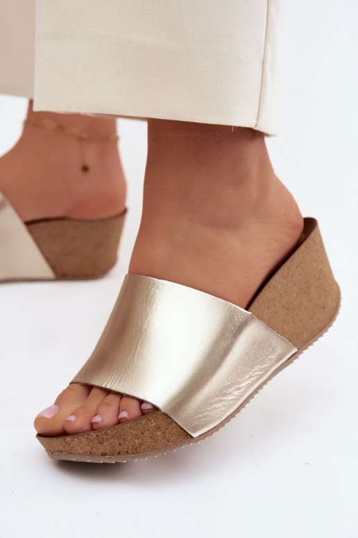 Zapatillas de cuero doradas Zazoo 40291 con suela de corcho