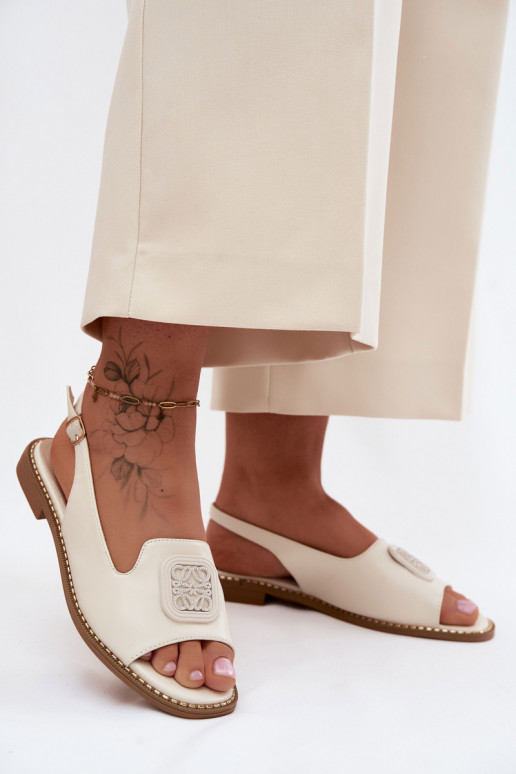 Sandalias de mujer con tacones anchos con adornos S.Barski KV61-6016 de color crema