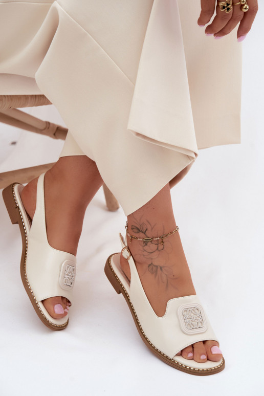 Sandalias de mujer con tacones anchos con adornos S.Barski KV61-6016 de color crema