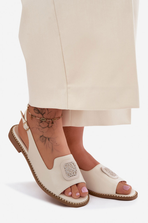 Sandalias de mujer con tacones anchos con adornos S.Barski KV61-6016 de color crema