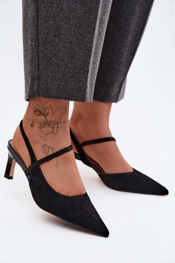 Zapatos de tacón elegantes de ante negros con correas decorativas D&A