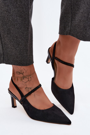 Zapatos de tacón elegantes de ante negros con correas decorativas D&A 2