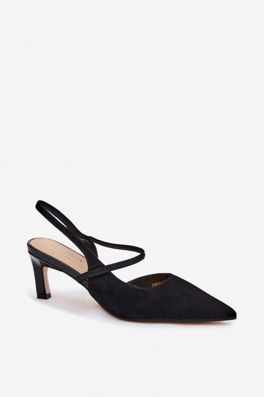 Zapatos de tacón elegantes de ante negros con correas decorativas D&A