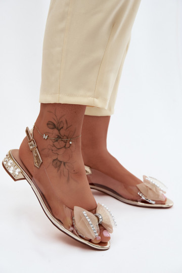 Sandalias transparentes con gemas brillantes y lazo de malla D&A MR61-9004 doradas