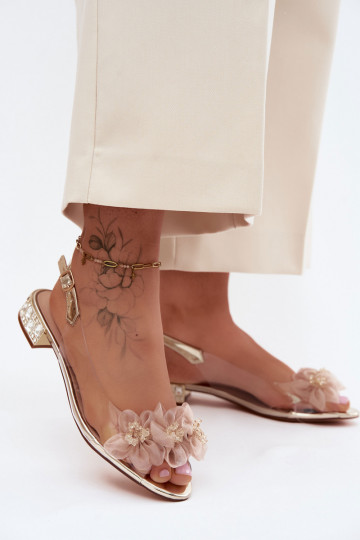 Sandalias transparentes con gemas brillantes y motivos florales de malla D&A MR61-9006 doradas