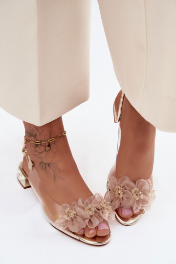Sandalias transparentes con gemas brillantes y motivos florales de malla D&A MR61-9006 doradas 2