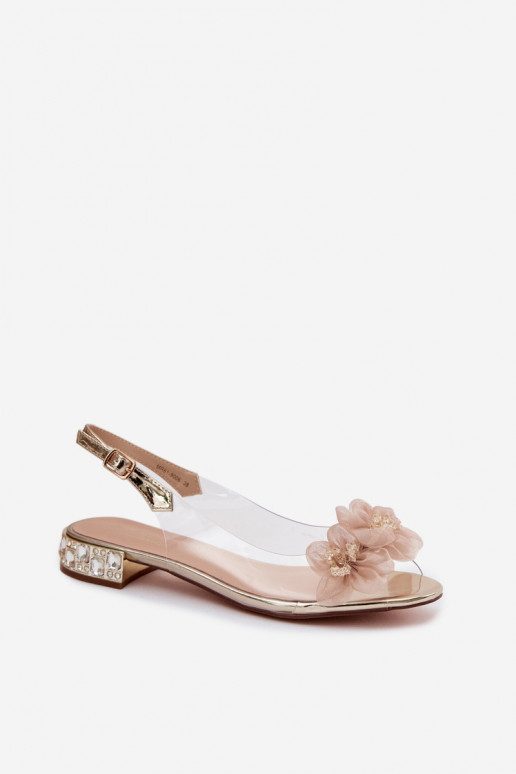 Sandalias transparentes con gemas brillantes y motivos florales de malla D&A MR61-9006 doradas