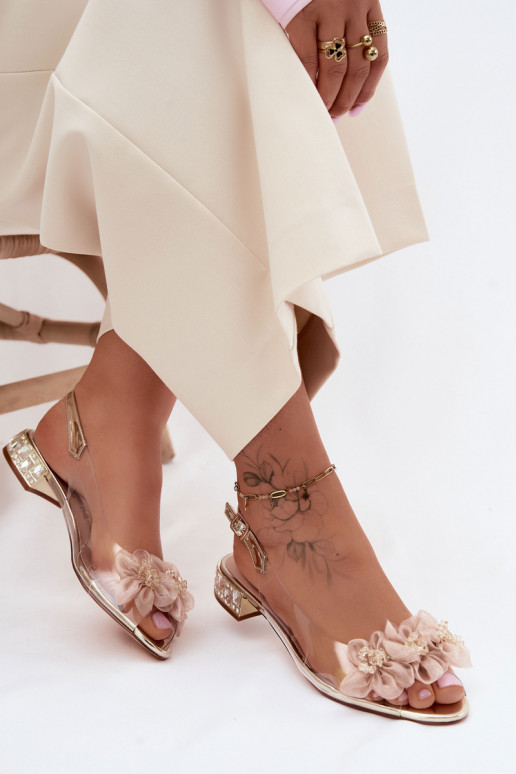 Sandalias transparentes con gemas brillantes y motivos florales de malla D&A MR61-9006 doradas