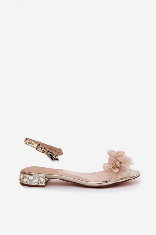 Sandalias transparentes con gemas brillantes y motivos florales de malla D&A MR61-9006 doradas