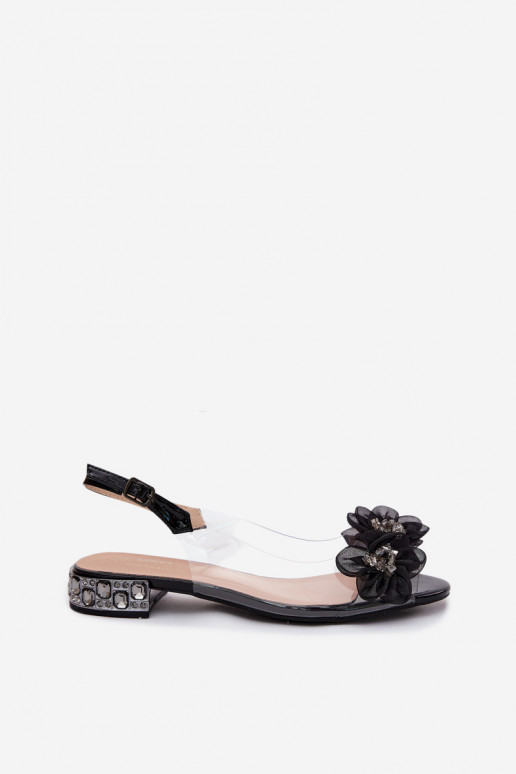 Sandalias transparentes con gemas brillantes y motivos florales de malla D&A MR61-9006 negras