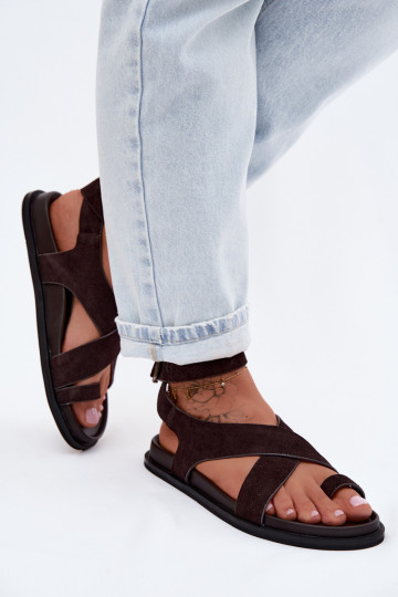 Sandalias planas de ante natural D&A CR61-3049 chocolate