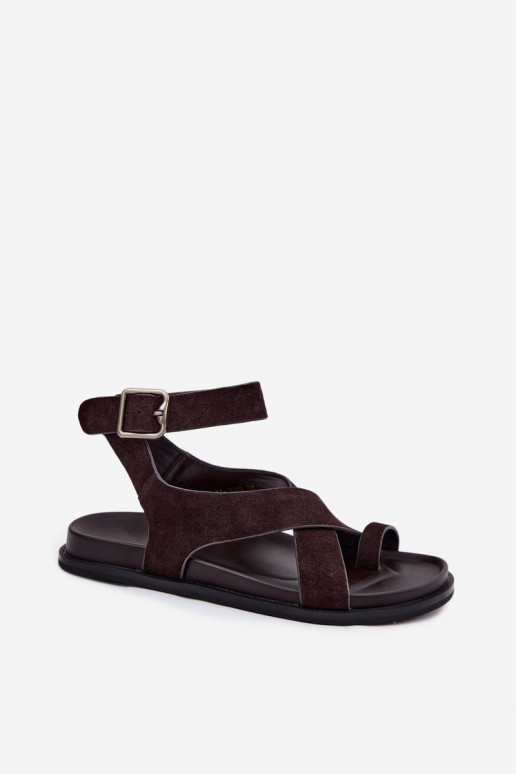 Sandalias planas de ante natural D&A CR61-3049 chocolate