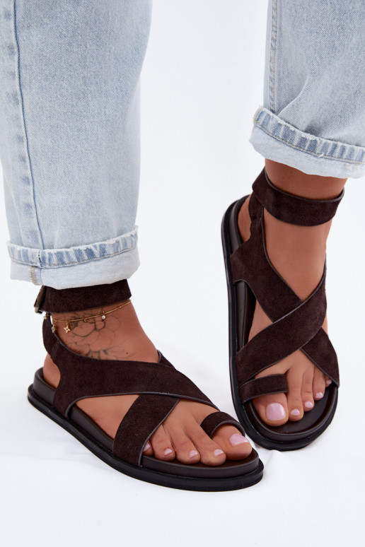 Sandalias planas de ante natural D&A CR61-3049 chocolate