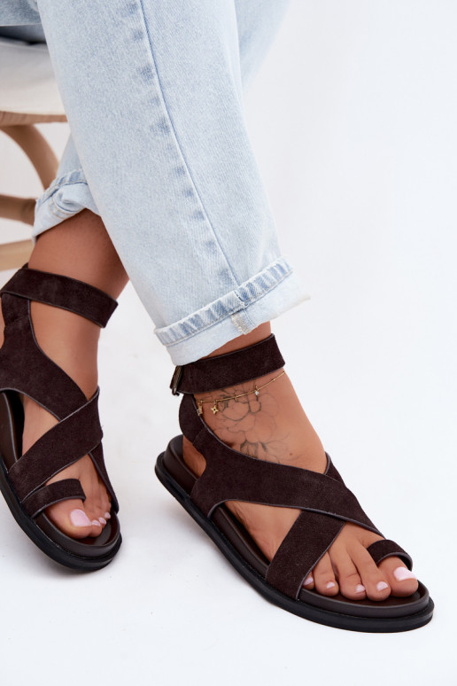 Sandalias planas de ante natural D&A CR61-3049 chocolate