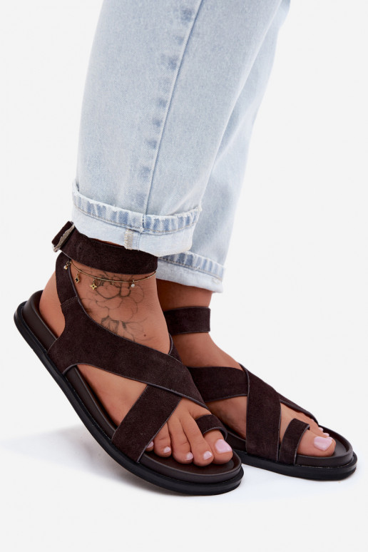 Sandalias planas de ante natural D&A CR61-3049 chocolate