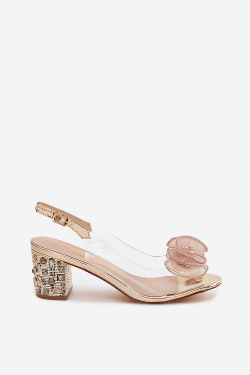 Sandalias transparentes con tacón y gemas brillantes en dorado