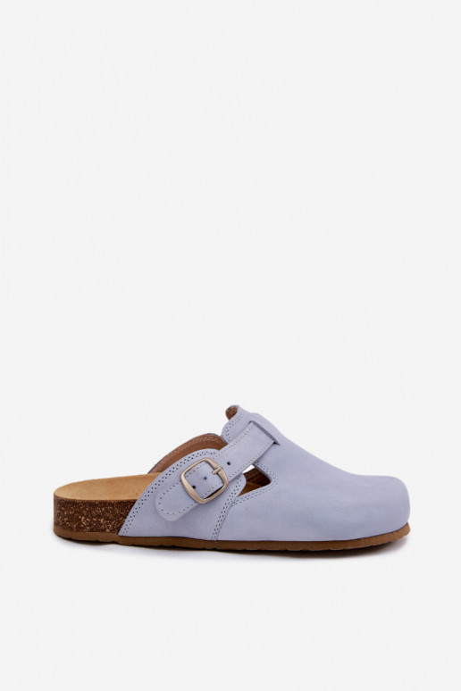Zapatillas Mule de cuero con hebillas en color azul claro de Zazoo