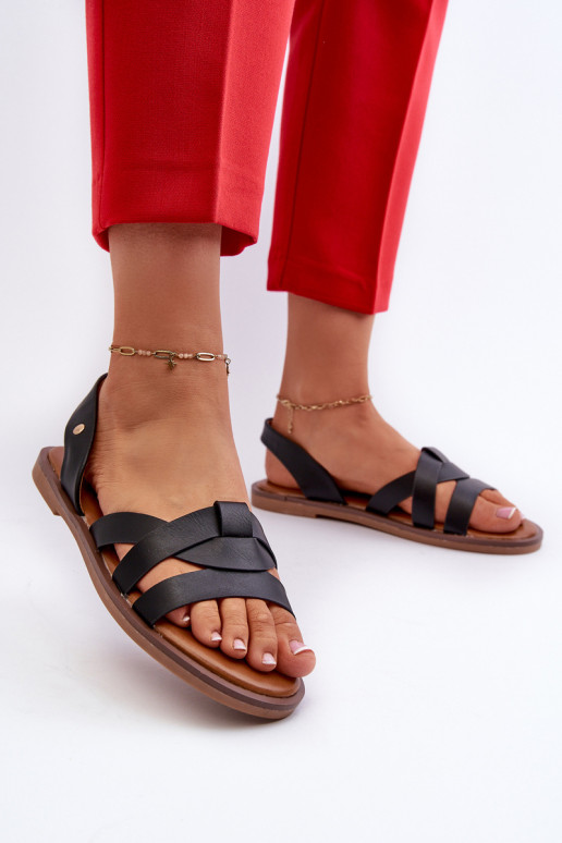 Sandalias planas para mujer. de cuero ecológico Vinceza 17347 de color negro
