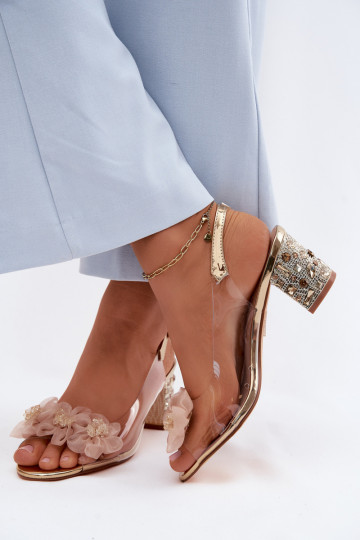 Sandalias transparentes con tacón, ojales brillantes y motivos florales D&A MR61-9009 color oro 2