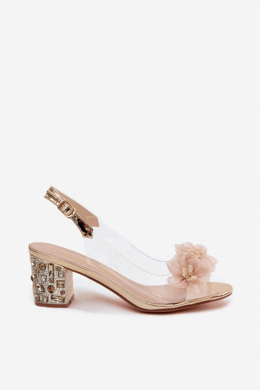 Sandalias transparentes con tacón, ojales brillantes y motivos florales D&A MR61-9009 color oro