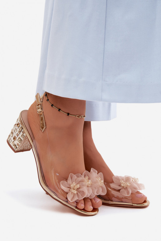 Ver a través de sandalias con tacones con ojos brillantes I con motivos floraleskami D&A MR61-9009 color dorado
