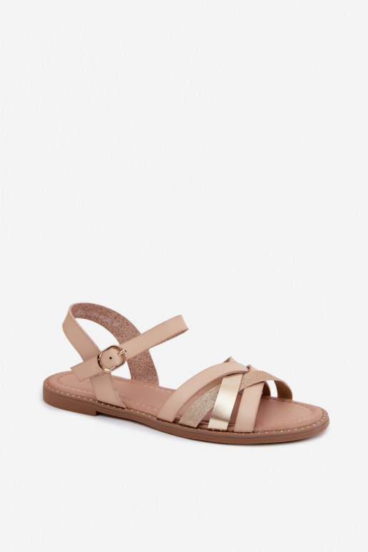 Sandalias planas para mujer con brillo y correas color arena Haden