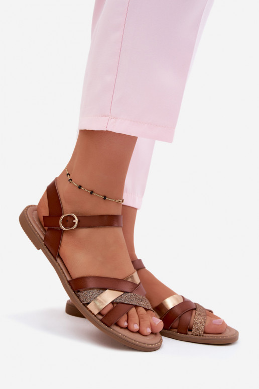 Sandalias planas para mujer con brillo y correas color marrón Haden