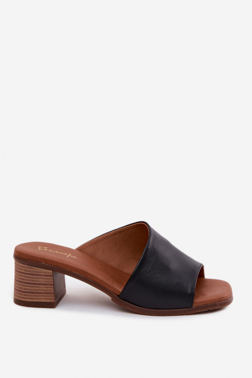 Zapatillas de cuero negro para mujer con tacón