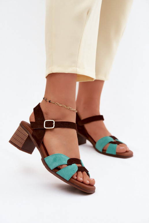Sandalias de ante turquesa y marrón para mujer con tacón